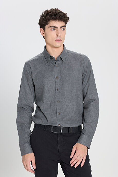 %100 Pamuk Slim Fit Dar Kesim Düğmeli Yaka Flanel Haki Gömlek resmi