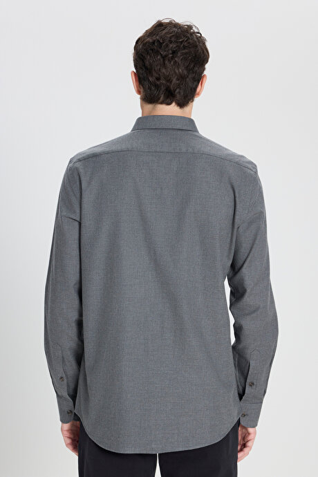 %100 Pamuk Slim Fit Dar Kesim Düğmeli Yaka Flanel Haki Gömlek resmi