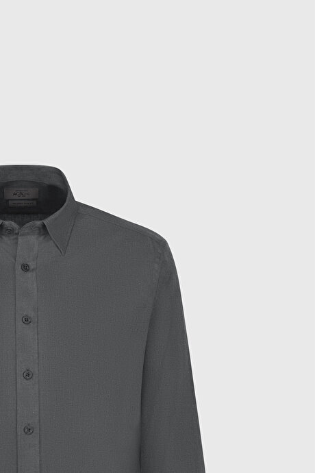 %100 Pamuk Slim Fit Dar Kesim Düğmeli Yaka Flanel Haki Gömlek resmi