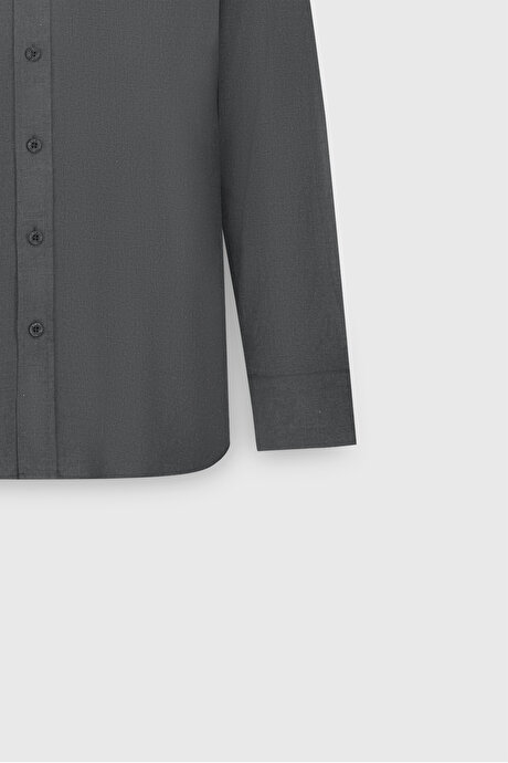 %100 Pamuk Slim Fit Dar Kesim Düğmeli Yaka Flanel Haki Gömlek resmi