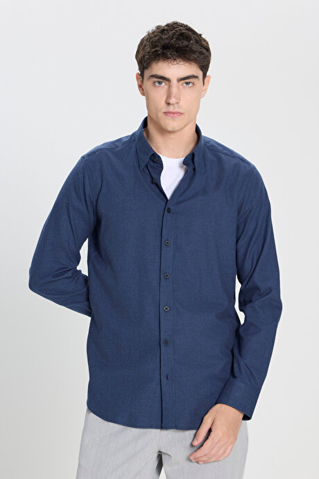 %100 Pamuk Slim Fit Dar Kesim Düğmeli Yaka Flanel Lacivert Gömlek resmi