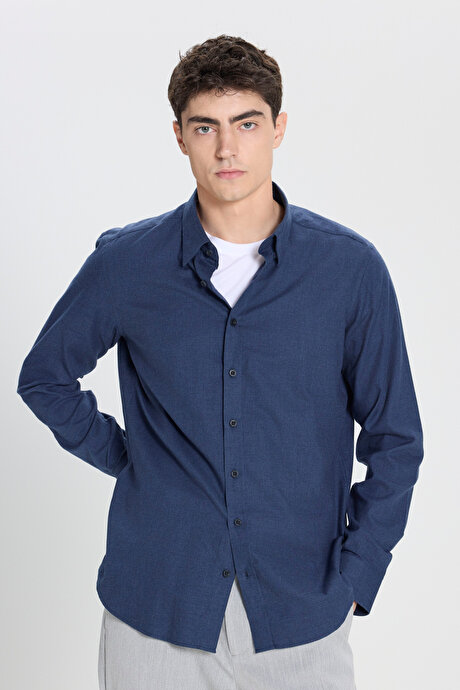 %100 Pamuk Slim Fit Dar Kesim Düğmeli Yaka Flanel Lacivert Gömlek resmi