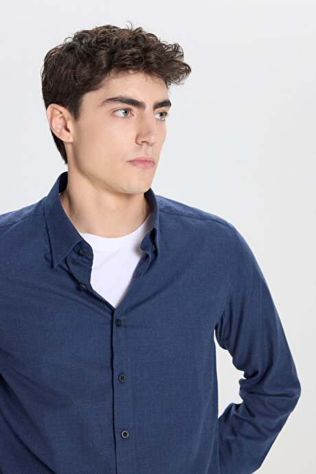 %100 Pamuk Slim Fit Dar Kesim Düğmeli Yaka Flanel Lacivert Gömlek resmi