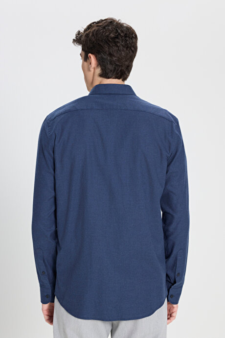 %100 Pamuk Slim Fit Dar Kesim Düğmeli Yaka Flanel Lacivert Gömlek resmi