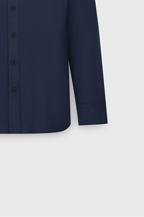 %100 Pamuk Slim Fit Dar Kesim Düğmeli Yaka Flanel Lacivert Gömlek resmi