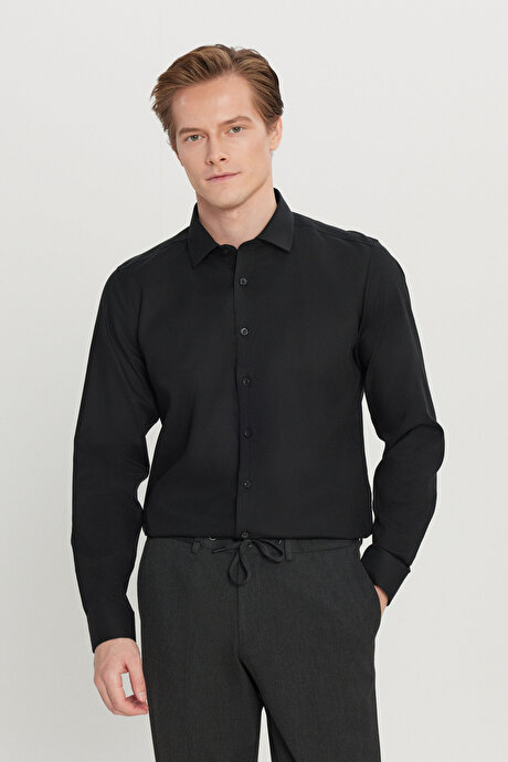 Non-Iron %100 Pamuk Tailored Slim Fit Dar Kesim Klasik Yaka Desenli Siyah Gömlek resmi