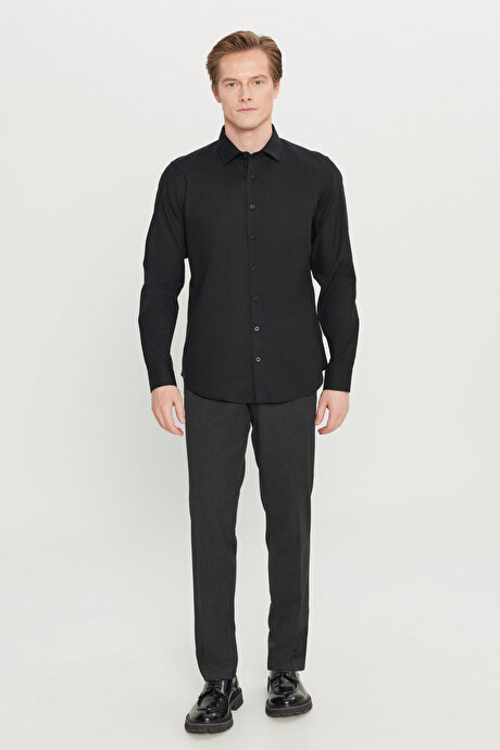 Non-Iron %100 Pamuk Tailored Slim Fit Dar Kesim Klasik Yaka Desenli Siyah Gömlek resmi