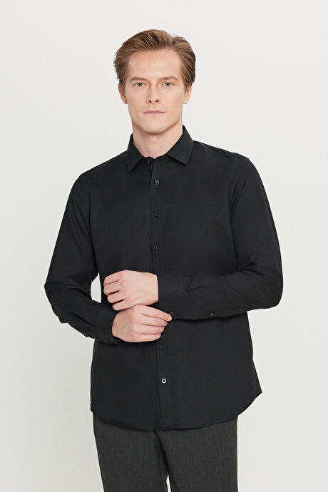 Non-Iron %100 Pamuk Tailored Slim Fit Dar Kesim Klasik Yaka Desenli Siyah Gömlek resmi