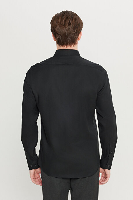 Non-Iron %100 Pamuk Tailored Slim Fit Dar Kesim Klasik Yaka Desenli Siyah Gömlek resmi