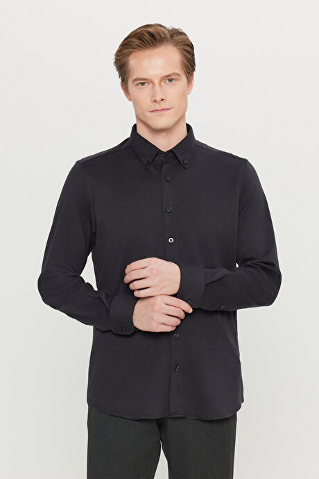 %100 Pamuk Slim Fit Dar Kesim Düğmeli Yaka Desenli Örme Siyah Gömlek resmi