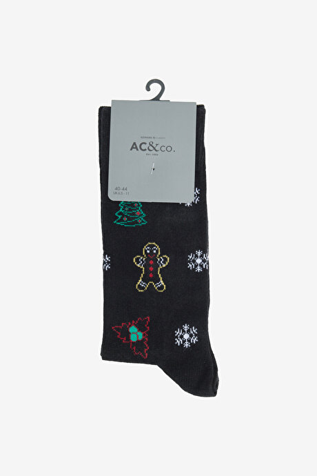 Pamuklu Esnek Desenli Siyah Çorap resmi