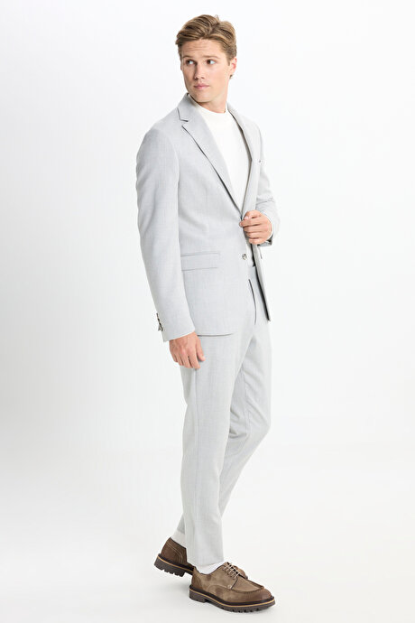 Slim Fit Dar Kesim Mono Yaka Çizgili Kapak Cepli Açık Gri Takım Elbise resmi