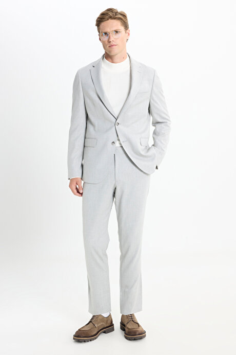 Slim Fit Dar Kesim Mono Yaka Çizgili Kapak Cepli Açık Gri Takım Elbise resmi