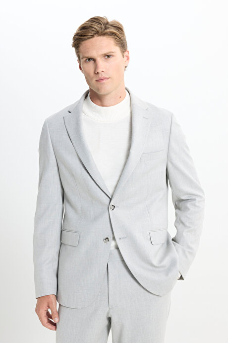 Slim Fit Dar Kesim Mono Yaka Çizgili Kapak Cepli Açık Gri Takım Elbise resmi