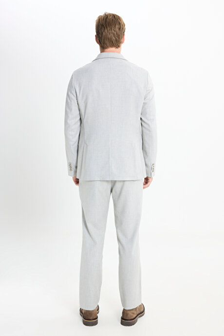 Slim Fit Dar Kesim Mono Yaka Çizgili Kapak Cepli Açık Gri Takım Elbise resmi