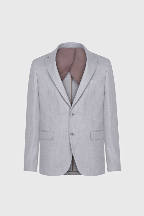 Slim Fit Dar Kesim Mono Yaka Çizgili Kapak Cepli Açık Gri Takım Elbise resmi