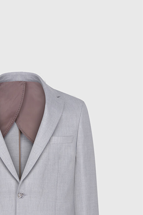 Slim Fit Dar Kesim Mono Yaka Çizgili Kapak Cepli Açık Gri Takım Elbise resmi