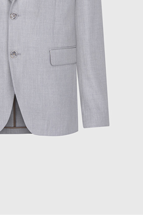 Slim Fit Dar Kesim Mono Yaka Çizgili Kapak Cepli Açık Gri Takım Elbise resmi