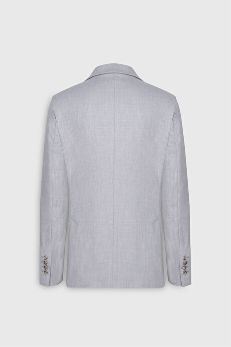 Slim Fit Dar Kesim Mono Yaka Çizgili Kapak Cepli Açık Gri Takım Elbise resmi