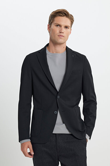 Slim Fit Dar Kesim Mono Yaka Beli Bağlamalı Diagonal Desenli Torba Cepli Siyah Takım Elbise resmi