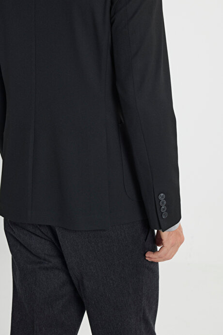 Slim Fit Dar Kesim Mono Yaka Beli Bağlamalı Diagonal Desenli Torba Cepli Siyah Takım Elbise resmi