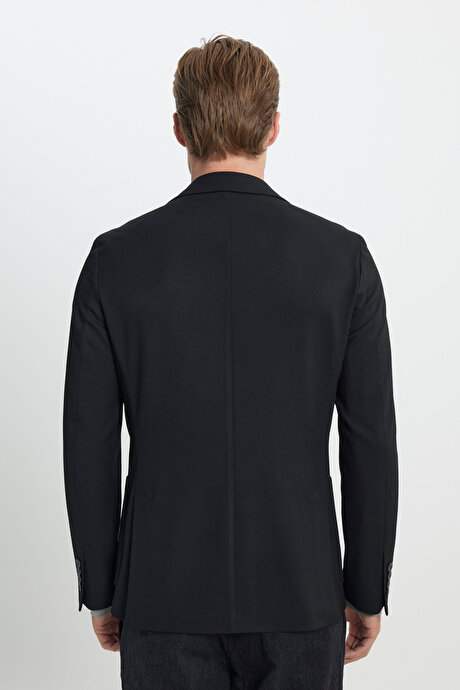 Slim Fit Dar Kesim Mono Yaka Beli Bağlamalı Diagonal Desenli Torba Cepli Siyah Takım Elbise resmi