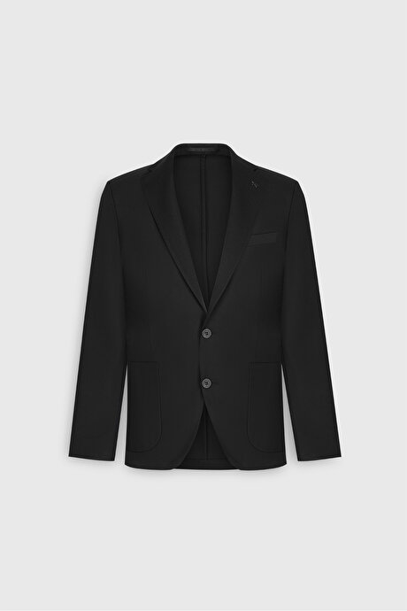 Slim Fit Dar Kesim Mono Yaka Beli Bağlamalı Diagonal Desenli Torba Cepli Siyah Takım Elbise resmi