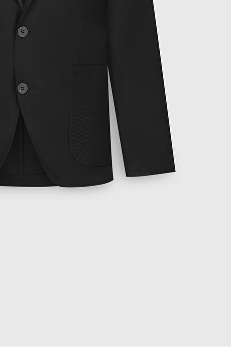 Slim Fit Dar Kesim Mono Yaka Beli Bağlamalı Diagonal Desenli Torba Cepli Siyah Takım Elbise resmi