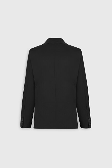 Slim Fit Dar Kesim Mono Yaka Beli Bağlamalı Diagonal Desenli Torba Cepli Siyah Takım Elbise resmi