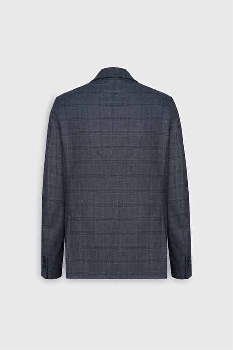 Slim Fit Dar Kesim Kırlangıç Yaka Kareli Kapak Cepli Esnek Koyu Gri Takım Elbise resmi