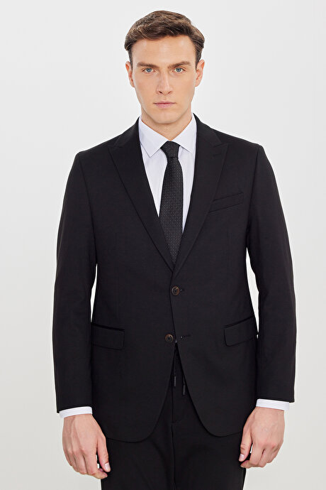 Slim Fit Kırlangıç Yaka Beli Bağlamalı Yan Cepli Siyah Takım Elbise resmi