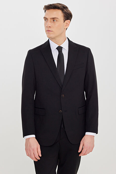 Slim Fit Kırlangıç Yaka Beli Bağlamalı Yan Cepli Siyah Takım Elbise resmi