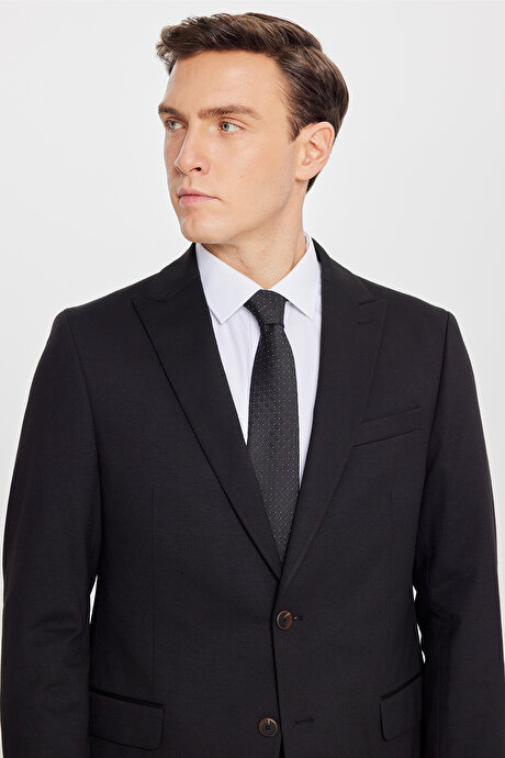 Slim Fit Kırlangıç Yaka Beli Bağlamalı Yan Cepli Siyah Takım Elbise resmi