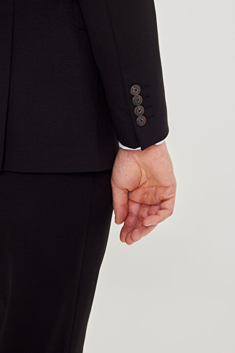 Slim Fit Kırlangıç Yaka Beli Bağlamalı Yan Cepli Siyah Takım Elbise resmi