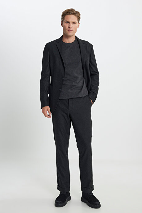 Yünlü Slim Fit Dar Kesim Mono Yaka Beli Bağlamalı Diagonal Desenli Antrasit Takım Elbise resmi