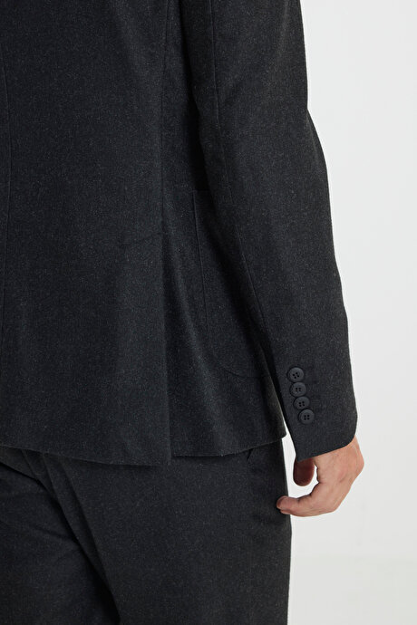 Yünlü Slim Fit Dar Kesim Mono Yaka Beli Bağlamalı Diagonal Desenli Antrasit Takım Elbise resmi