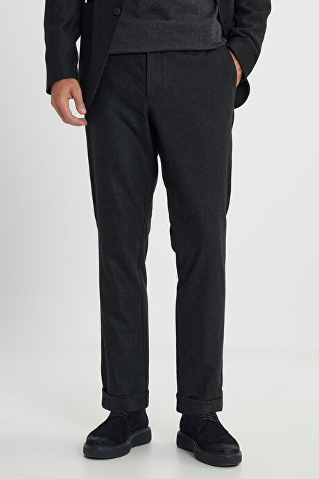 Yünlü Slim Fit Dar Kesim Mono Yaka Beli Bağlamalı Diagonal Desenli Antrasit Takım Elbise resmi