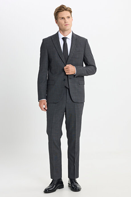 Taşınabilir Torbalı Slim Fit Dar Kesim Mono Yaka Beli Bağlamalı Desenli Antrasit Takım Elbise resmi