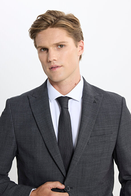 Taşınabilir Torbalı Slim Fit Dar Kesim Mono Yaka Beli Bağlamalı Desenli Antrasit Takım Elbise resmi