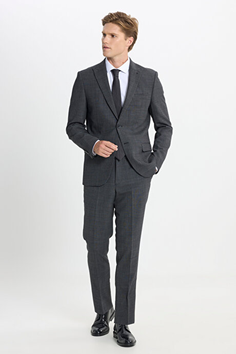 Taşınabilir Torbalı Slim Fit Dar Kesim Mono Yaka Beli Bağlamalı Desenli Antrasit Takım Elbise resmi
