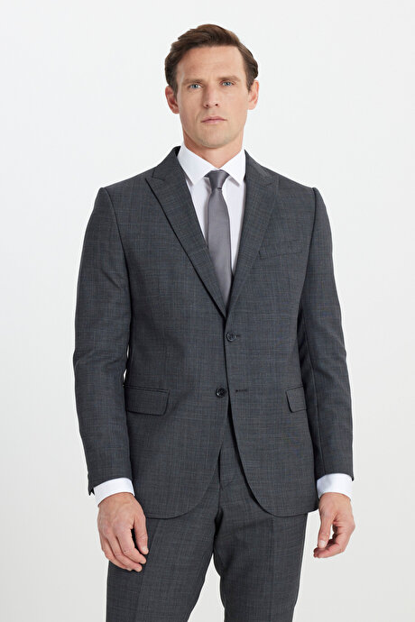 Yünlü Cordura Kumaş Slim Fit Dar Kesim Kırlangıç Yaka Desenli Kapak Cepli Antrasit Takım Elbise resmi