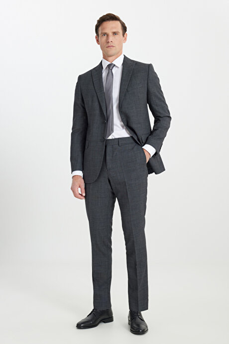 Yünlü Cordura Kumaş Slim Fit Dar Kesim Kırlangıç Yaka Desenli Kapak Cepli Antrasit Takım Elbise resmi