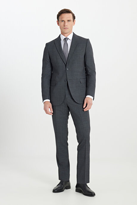 Yünlü Cordura Kumaş Slim Fit Dar Kesim Kırlangıç Yaka Desenli Kapak Cepli Antrasit Takım Elbise resmi