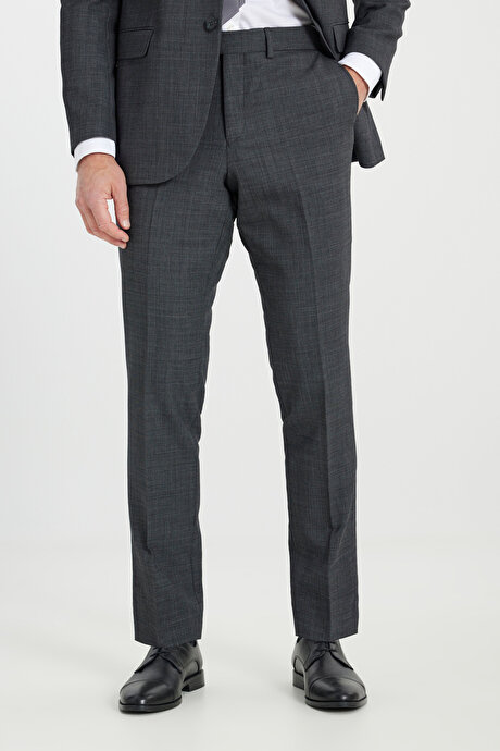 Yünlü Cordura Kumaş Slim Fit Dar Kesim Kırlangıç Yaka Desenli Kapak Cepli Antrasit Takım Elbise resmi