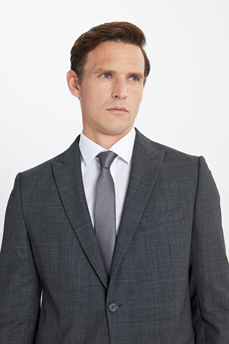 Yünlü Cordura Kumaş Slim Fit Dar Kesim Kırlangıç Yaka Desenli Kapak Cepli Antrasit Takım Elbise resmi