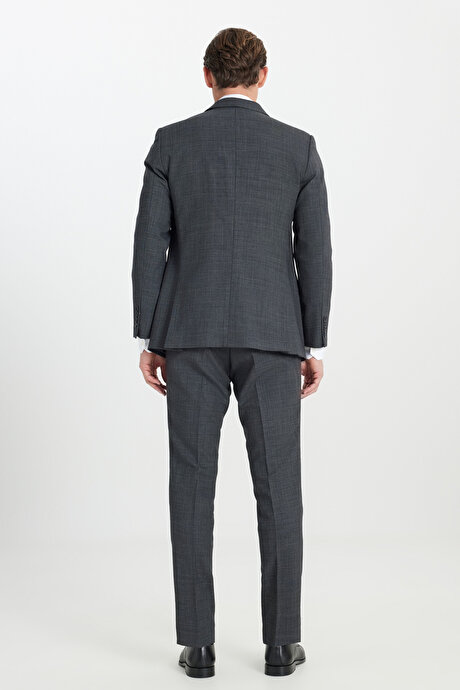 Yünlü Cordura Kumaş Slim Fit Dar Kesim Kırlangıç Yaka Desenli Kapak Cepli Antrasit Takım Elbise resmi