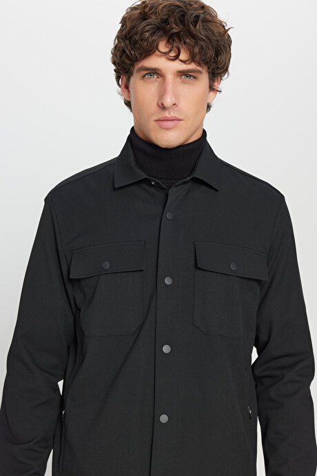 Relax Fit Rahat Kesim Gömlek Yaka Diagonal Desenli Çift Ceketli Siyah Ceket resmi