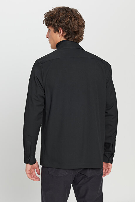 Relax Fit Rahat Kesim Gömlek Yaka Diagonal Desenli Çift Ceketli Siyah Ceket resmi