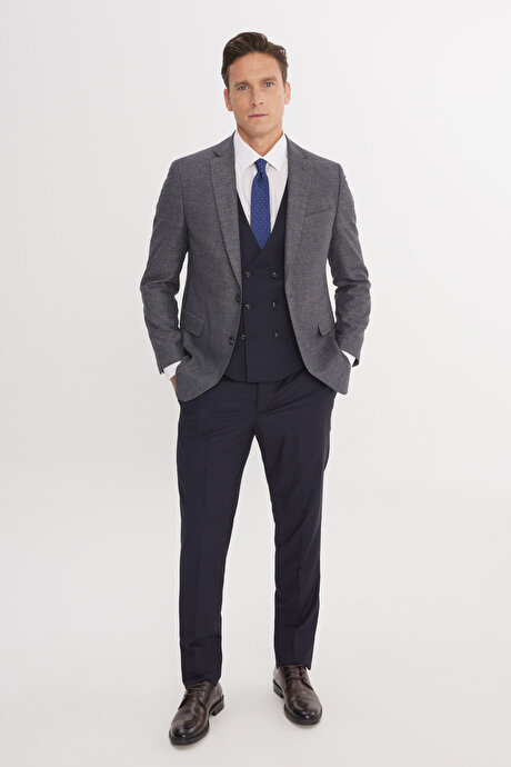 Slim Fit Dar Kesim Mono Yaka Kareli Kapak Cepli Yelekli Koyu Lacivert-Beyaz Yelekli Takım Elbise resmi