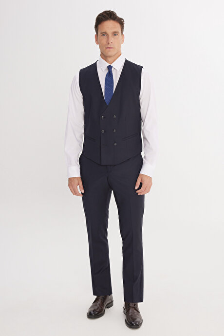 Slim Fit Dar Kesim Mono Yaka Kareli Kapak Cepli Yelekli Koyu Lacivert-Beyaz Yelekli Takım Elbise resmi